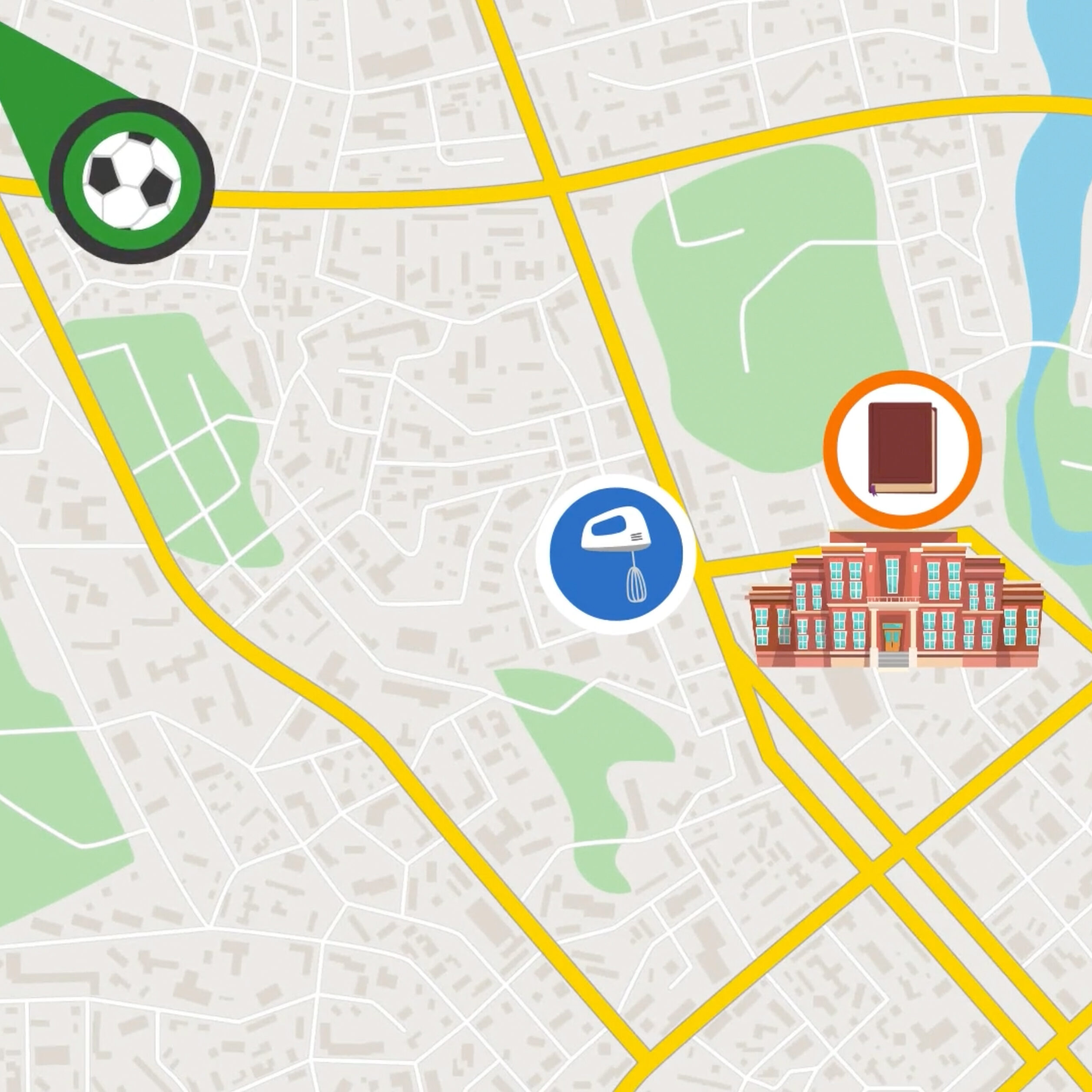Eine gezeichnete Karte einer Stadt mit verschiedenen Symbolen wie z.B. einem Fußball und ein Gebäude