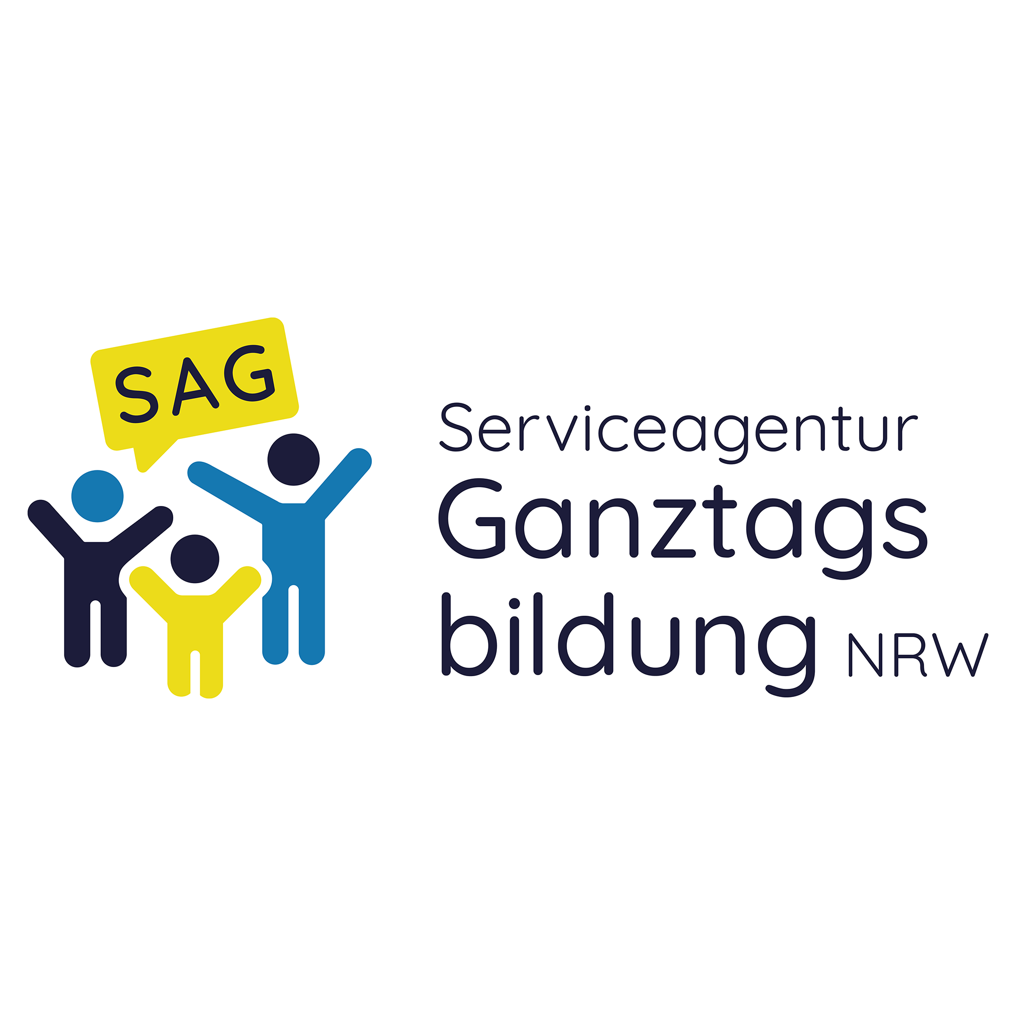 Logo in schwarz, blau, gelb mit dem Text "Serviceagentur Ganztagsbildung NRW"