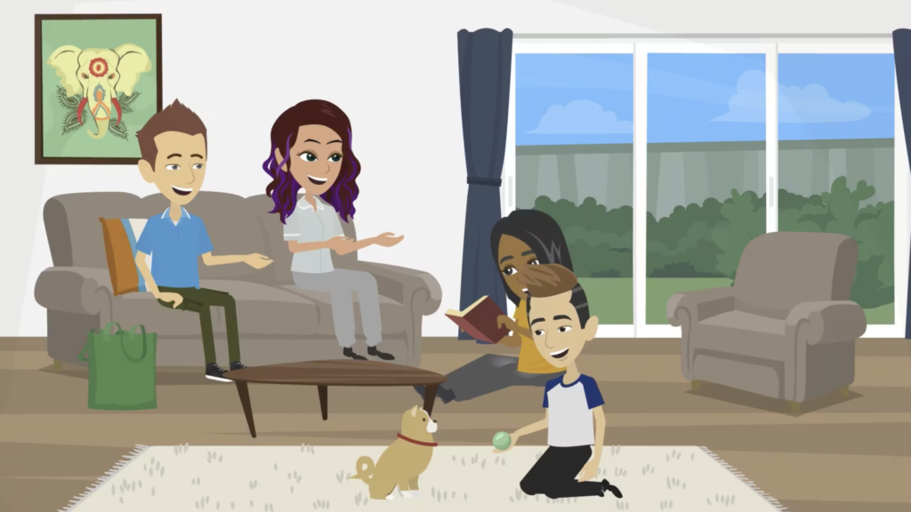 Mehrere gezeichnete Jugendliche halten sich in einem Wohnzimmer auf. Einer von ihnen kniet auf einem weißen Teppich und hält einem Hund einen Ball hin. Zwei andere sitzen auf einem Sofa, eine weitere sitzt neben dem Sofa und liest.